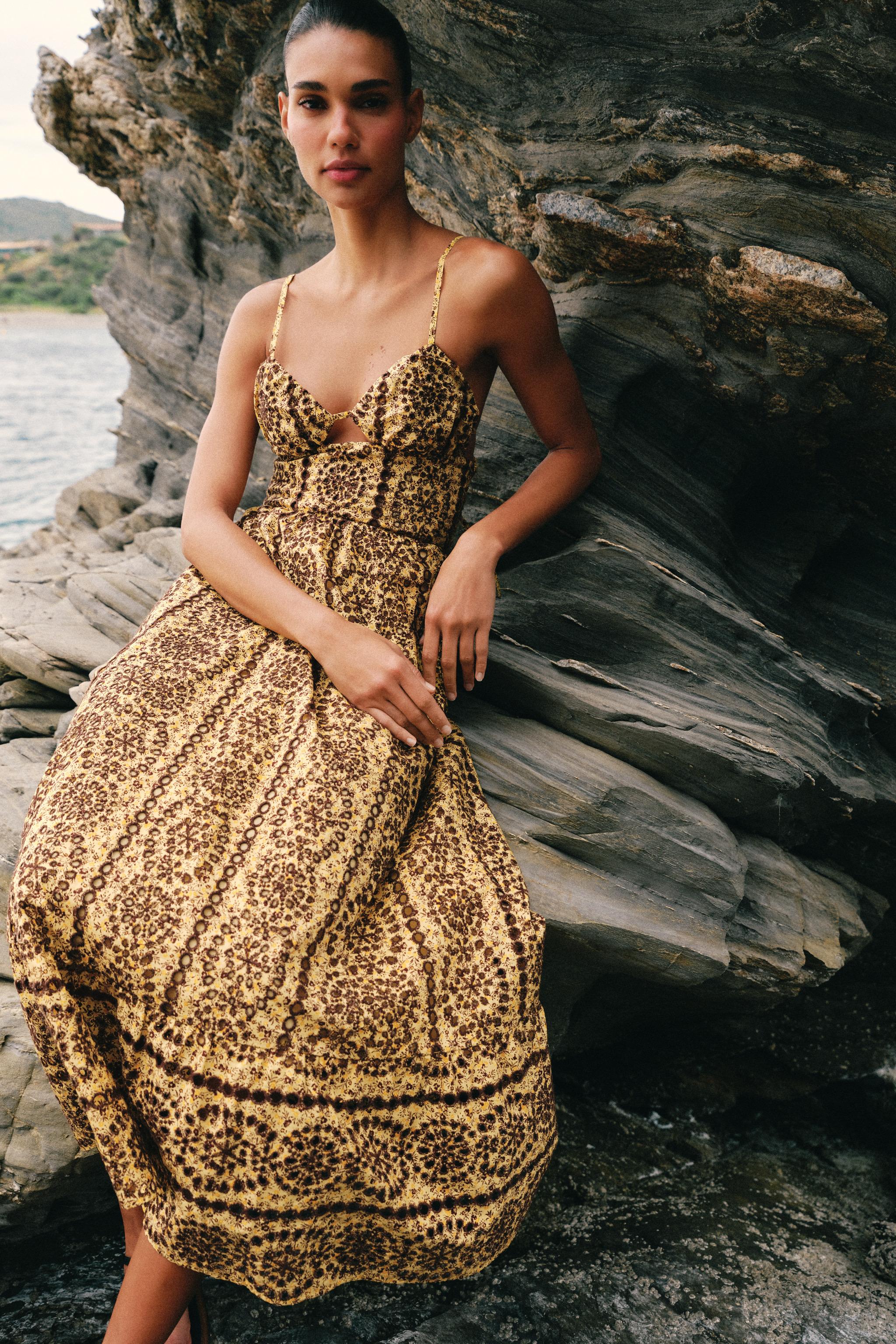 CUT-OUT EMBROIDERED EYELET MIDI DRESS